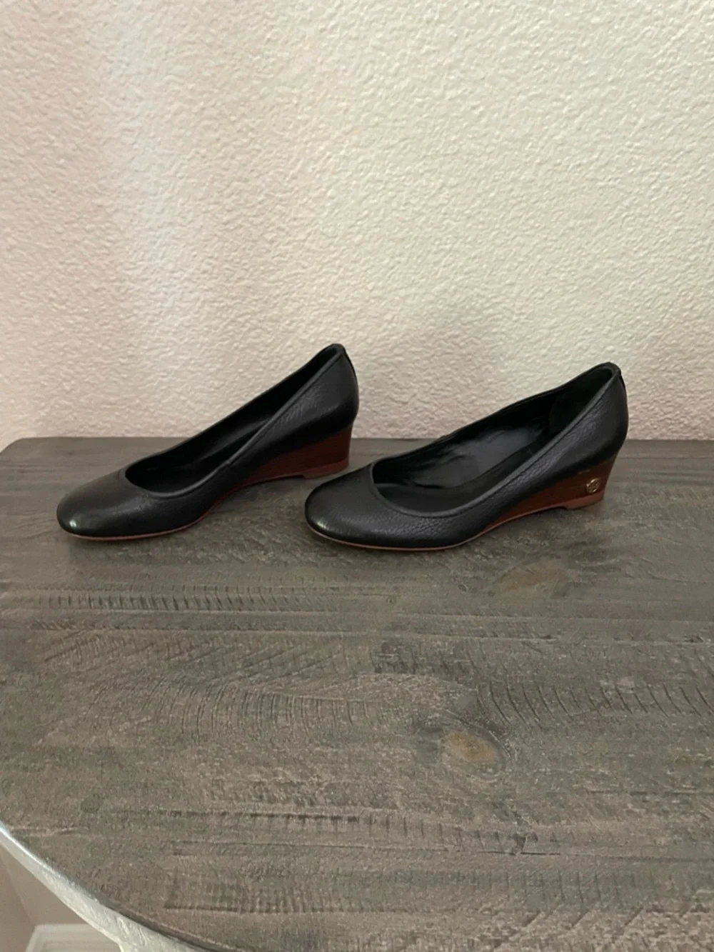 Tory Burch Black Leather Rounded Toe Wedge Pumps